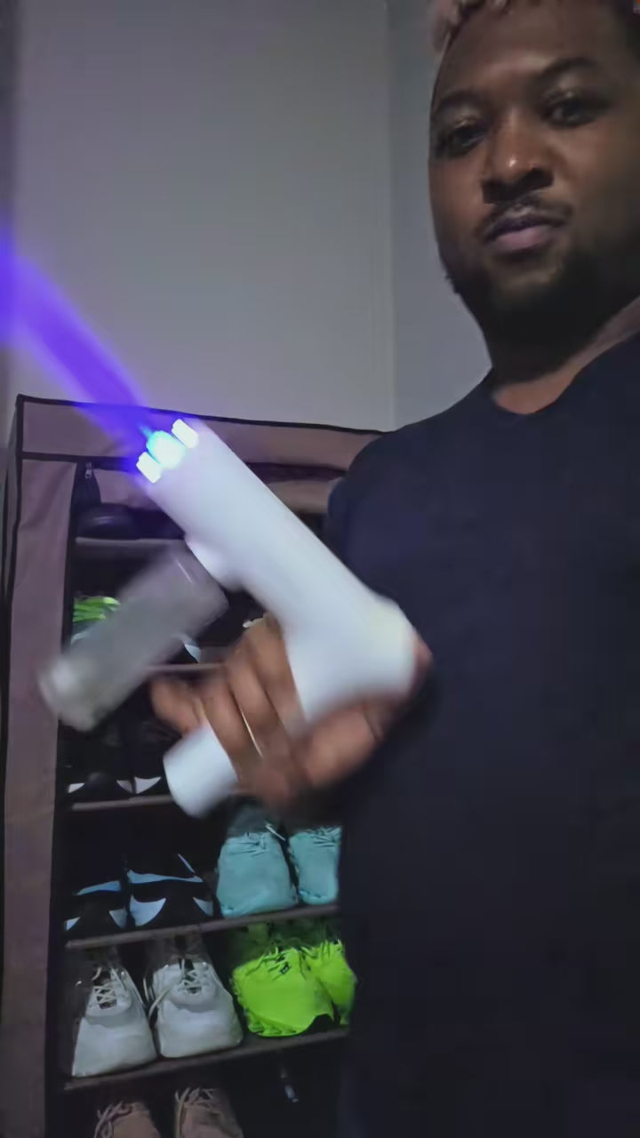 Filling the bottle, screwing it on and misting a room